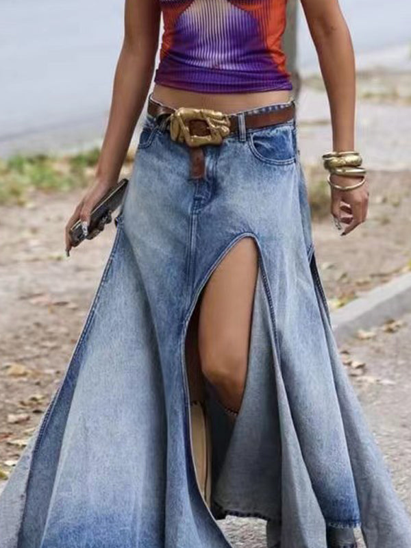 Asymmetric Hem High Slit Denim Maxi Skirt -- YKIIY CLOTHING