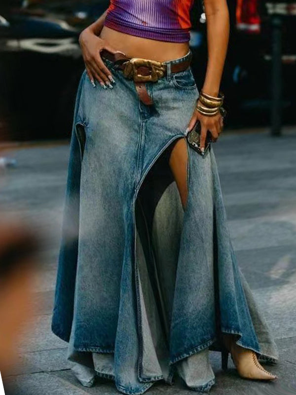 Asymmetric Hem High Slit Denim Maxi Skirt -- YKIIY CLOTHING