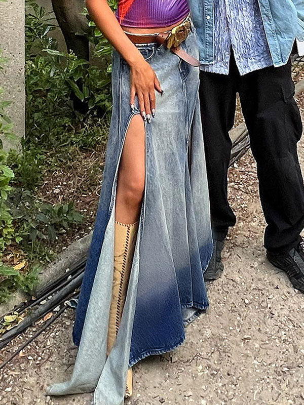Asymmetric Hem High Slit Denim Maxi Skirt -- YKIIY CLOTHING