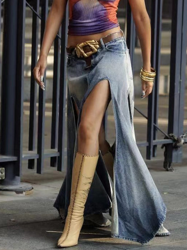 Asymmetric Hem High Slit Denim Maxi Skirt -- YKIIY CLOTHING