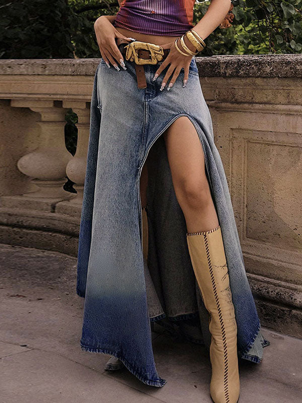 Asymmetric Hem High Slit Denim Maxi Skirt -- YKIIY CLOTHING