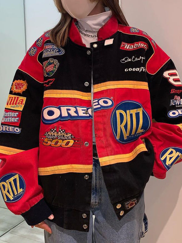 Band Collar Patchwork Button Jacket -- YKIIY CLOTHING