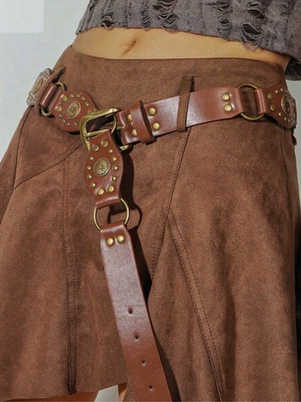 Cutout Ring Leather-Panel Belt -- YKIIY CLOTHING