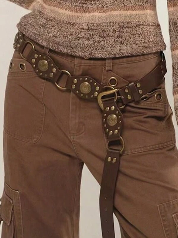 Cutout Ring Leather-Panel Belt -- YKIIY CLOTHING