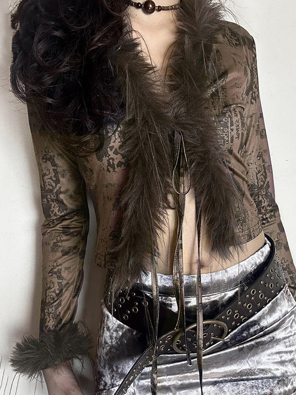 Faux Fur Collar Abstract Print Cardigan -- YKIIY CLOTHING