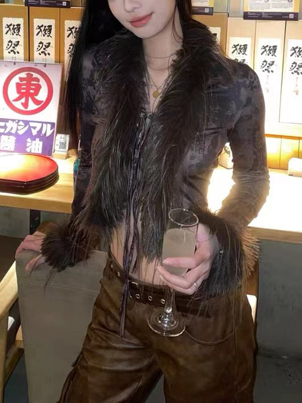 Faux Fur Collar Abstract Print Cardigan -- YKIIY CLOTHING