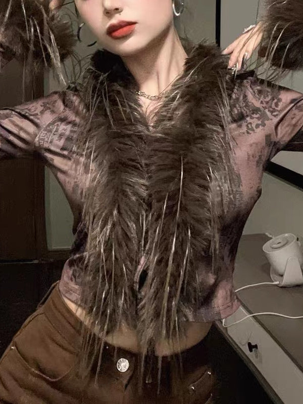 Faux Fur Collar Abstract Print Cardigan -- YKIIY CLOTHING