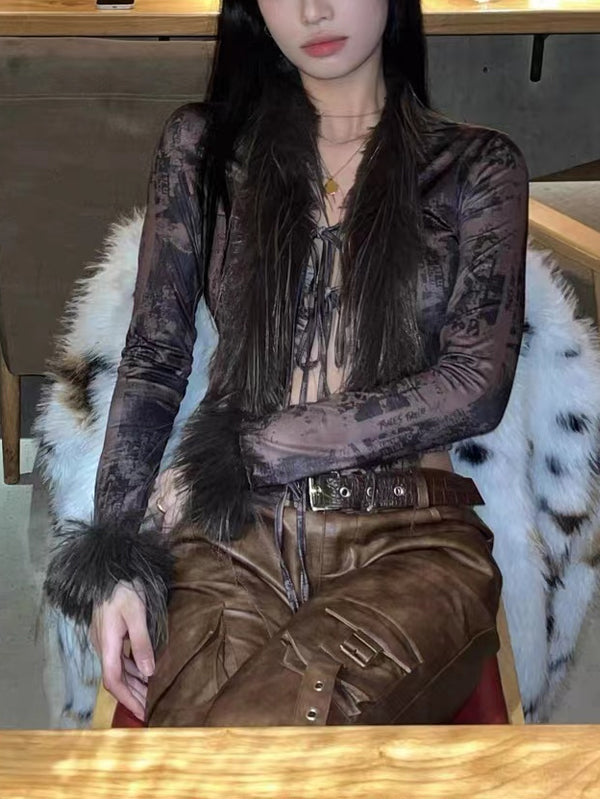 Faux Fur Collar Abstract Print Cardigan -- YKIIY CLOTHING