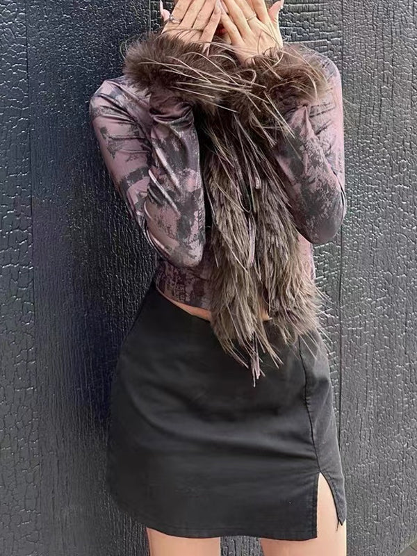 Faux Fur Collar Abstract Print Cardigan -- YKIIY CLOTHING