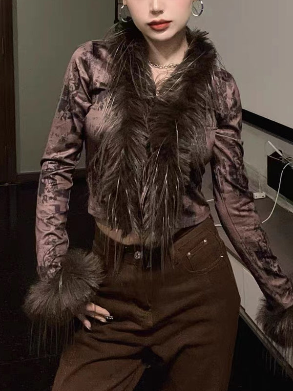 Faux Fur Collar Abstract Print Cardigan -- YKIIY CLOTHING