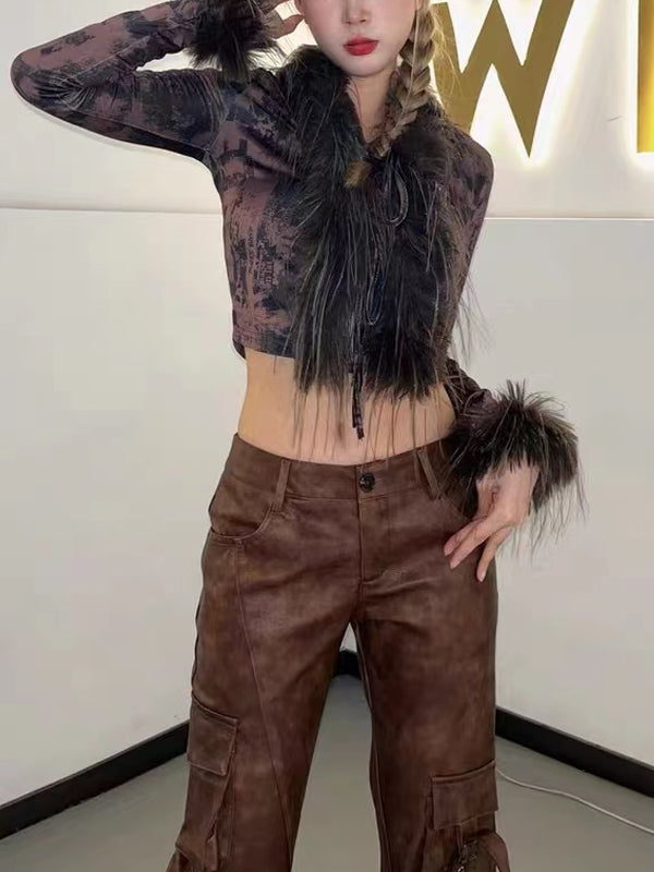 Faux Fur Collar Abstract Print Cardigan -- YKIIY CLOTHING