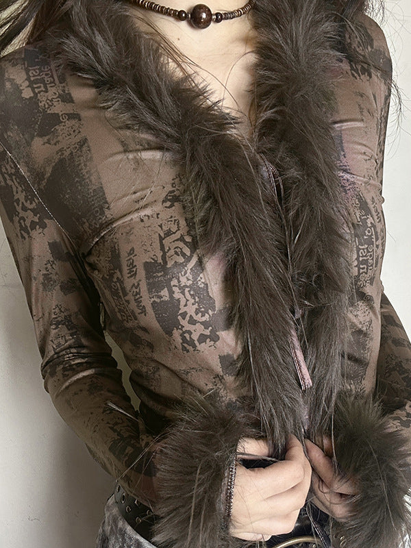 Faux Fur Collar Abstract Print Cardigan -- YKIIY CLOTHING