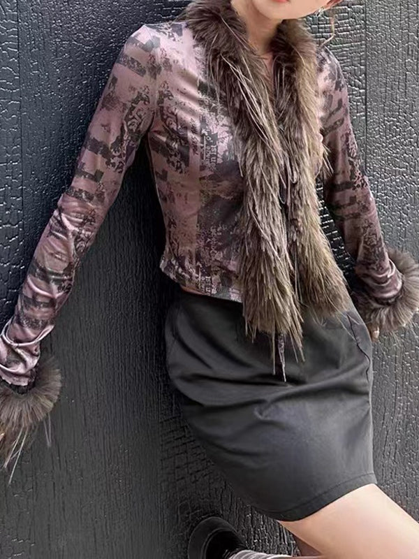 Faux Fur Collar Abstract Print Cardigan -- YKIIY CLOTHING