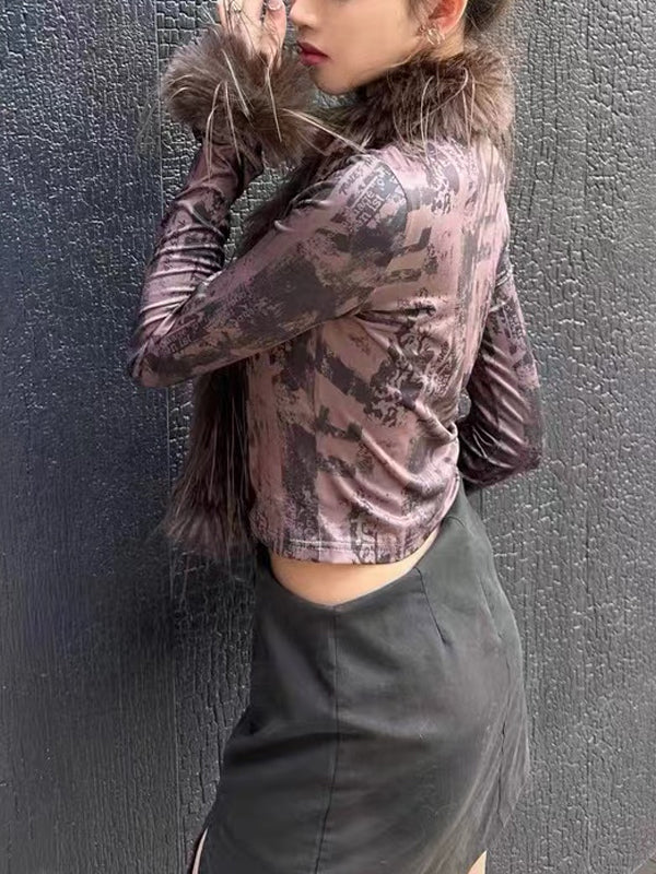 Faux Fur Collar Abstract Print Cardigan -- YKIIY CLOTHING
