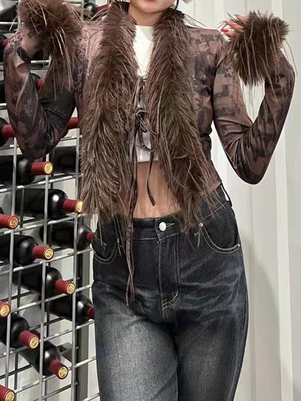 Faux Fur Collar Abstract Print Cardigan -- YKIIY CLOTHING