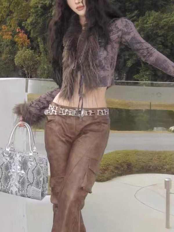 Faux Fur Collar Abstract Print Cardigan -- YKIIY CLOTHING