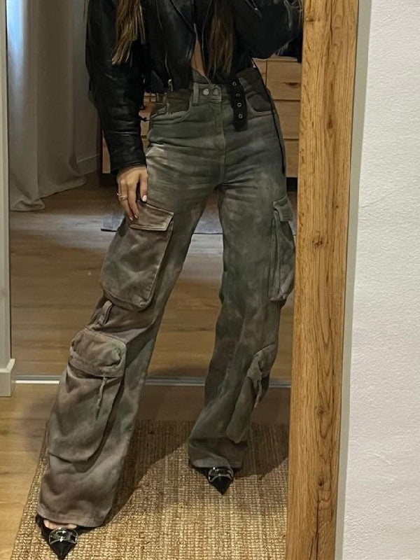 Gradient Zipper Flap Pocket Cargo Jeans -- YKIIY CLOTHING