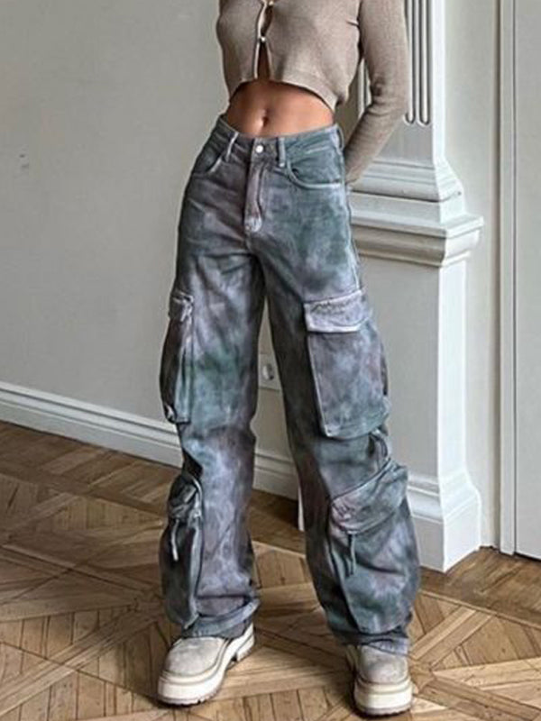 Gradient Zipper Flap Pocket Cargo Jeans -- YKIIY CLOTHING