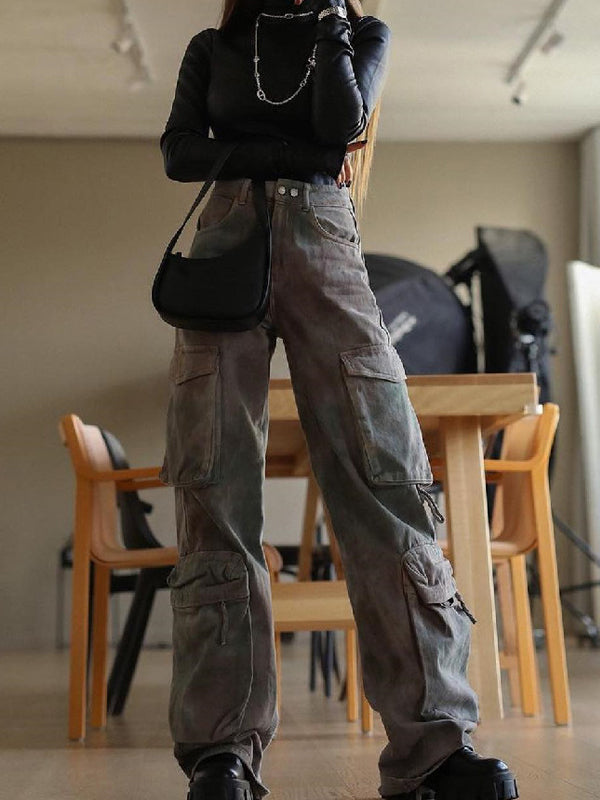 Gradient Zipper Flap Pocket Cargo Jeans -- YKIIY CLOTHING