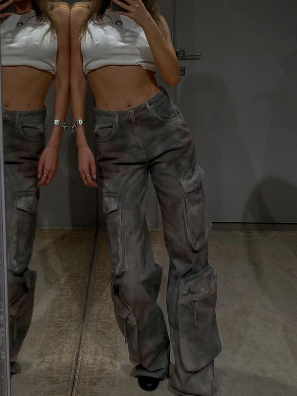 Gradient Zipper Flap Pocket Cargo Jeans -- YKIIY CLOTHING