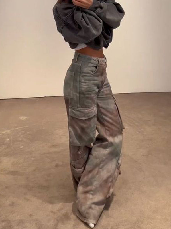 Gradient Zipper Flap Pocket Cargo Jeans -- YKIIY CLOTHING