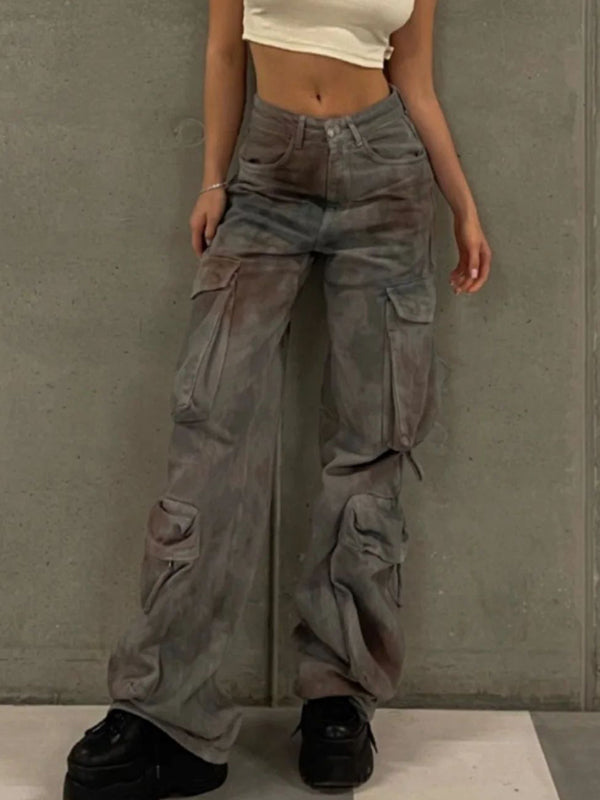 Gradient Zipper Flap Pocket Cargo Jeans -- YKIIY CLOTHING