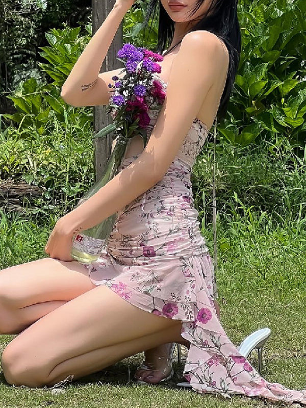 Halter Ditsy Floral Cutout Mini Dress -- YKIIY CLOTHING
