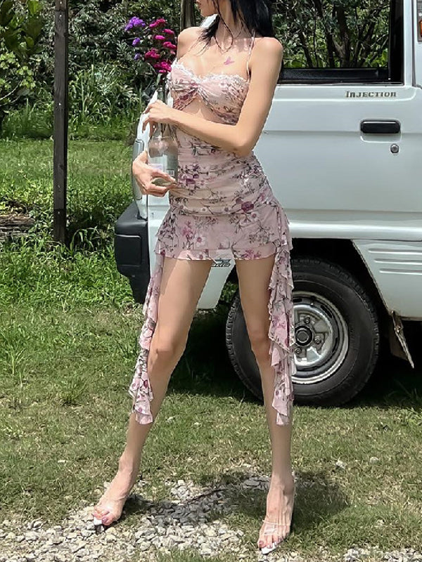 Halter Ditsy Floral Cutout Mini Dress -- YKIIY CLOTHING