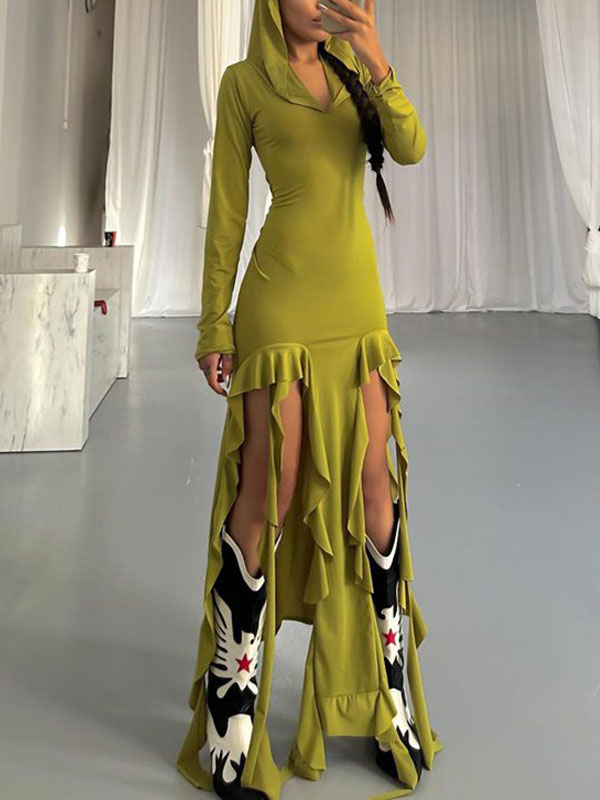 Hooded Collar Asymmetric Hem Dress -- YKIIY CLOTHING