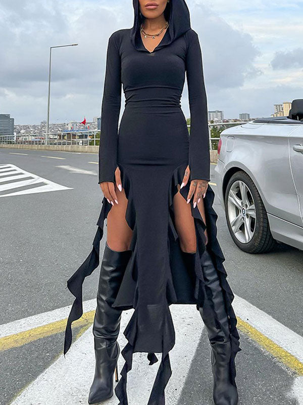 Hooded Collar Asymmetric Hem Dress -- YKIIY CLOTHING