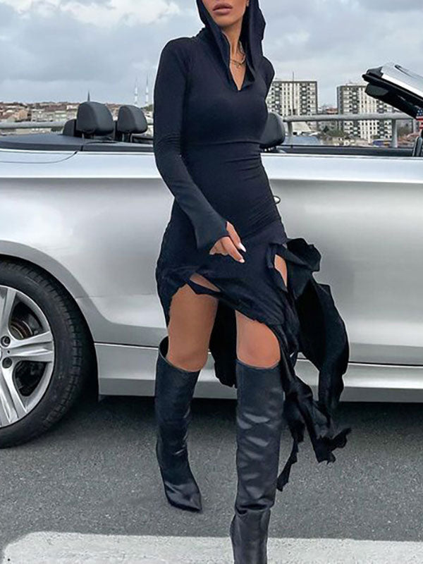 Hooded Collar Asymmetric Hem Dress -- YKIIY CLOTHING
