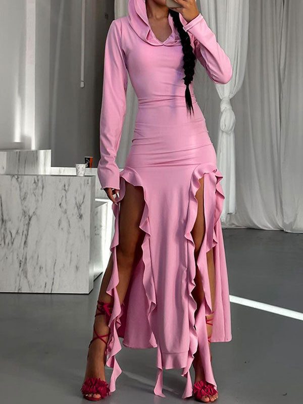 Hooded Collar Asymmetric Hem Dress -- YKIIY CLOTHING