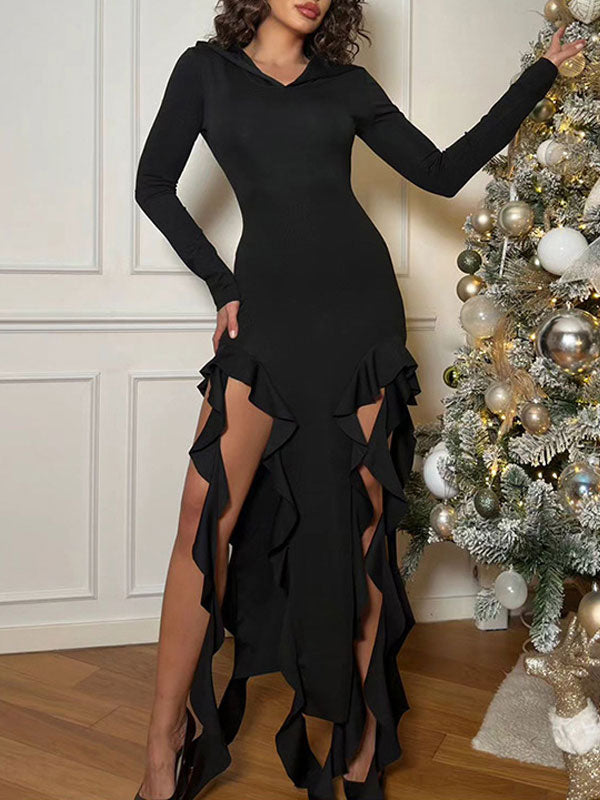 Hooded Collar Asymmetric Hem Dress -- YKIIY CLOTHING