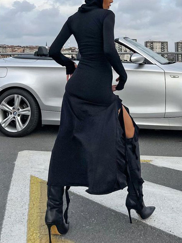 Hooded Collar Asymmetric Hem Dress -- YKIIY CLOTHING