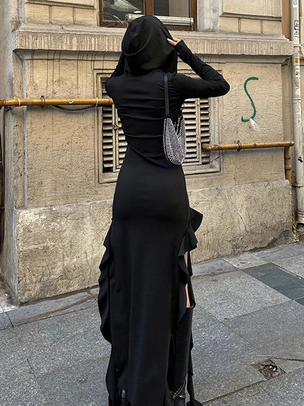 Hooded Collar Asymmetric Hem Dress -- YKIIY CLOTHING
