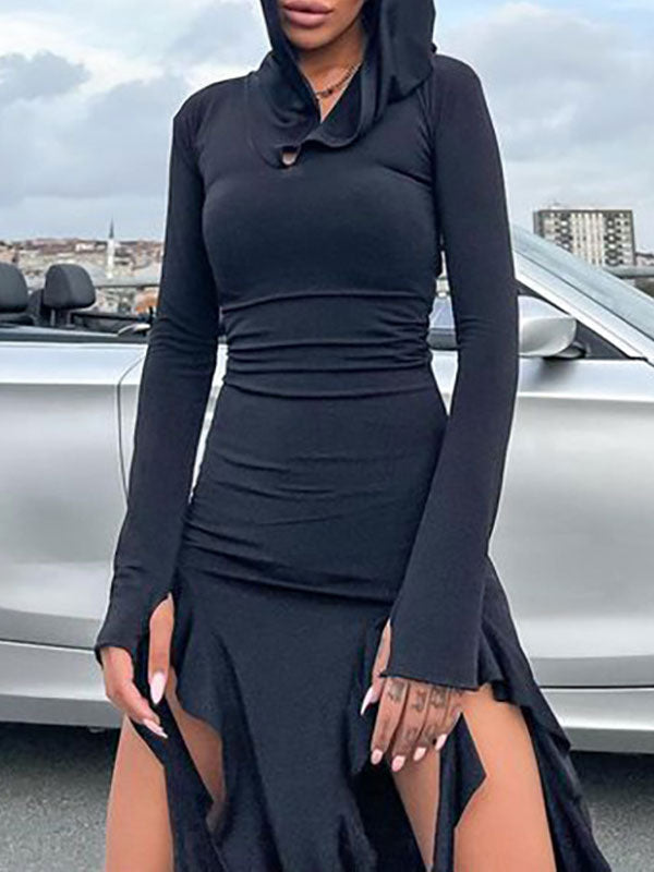 Hooded Collar Asymmetric Hem Dress -- YKIIY CLOTHING
