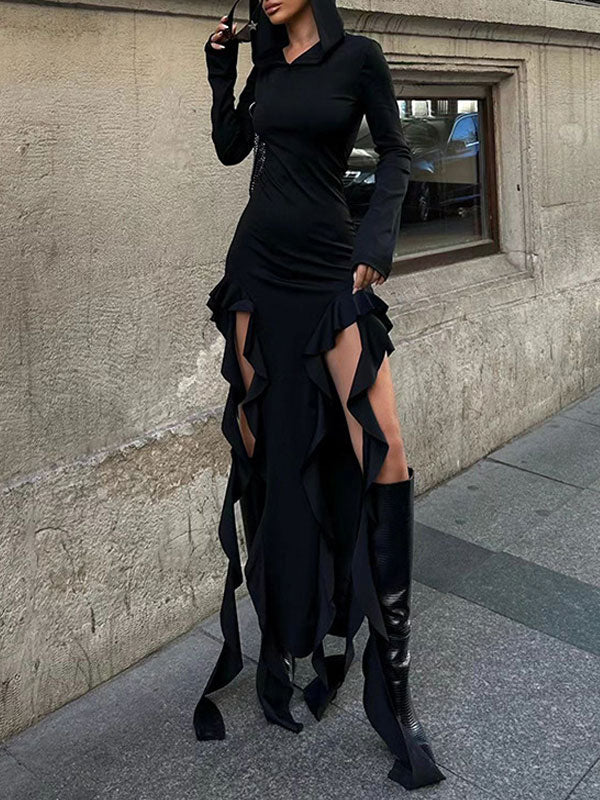 Hooded Collar Asymmetric Hem Dress -- YKIIY CLOTHING