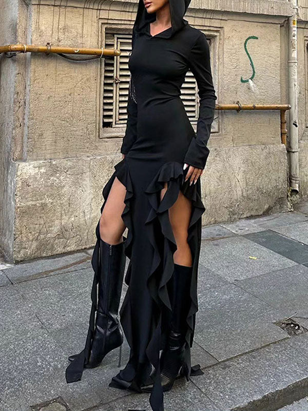 Hooded Collar Asymmetric Hem Dress -- YKIIY CLOTHING