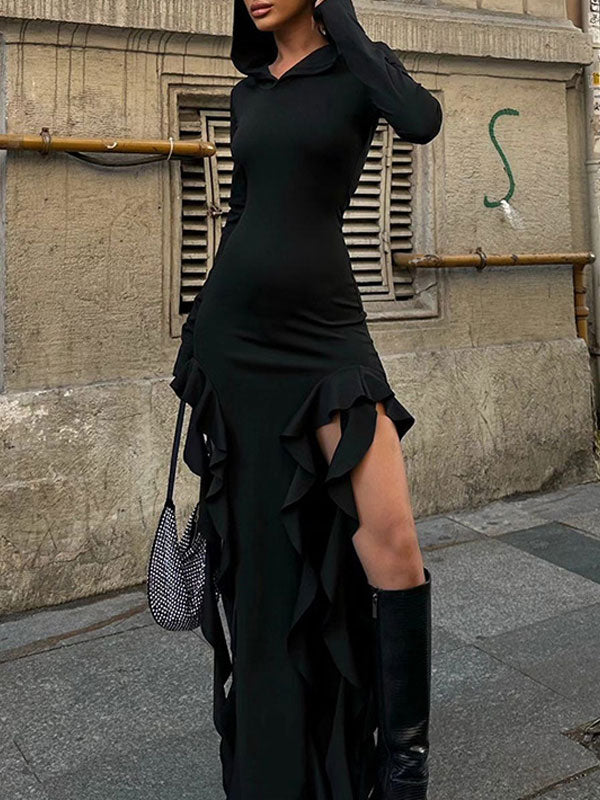 Hooded Collar Asymmetric Hem Dress -- YKIIY CLOTHING