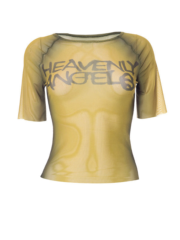 Letters See Through Round Neck T-Shirt -- YKIIY CLOTHING