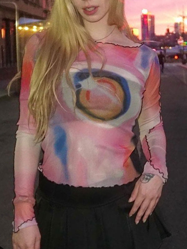Long Sleeved Mesh Print Exposed Navel T-Shirt -- YKIIY CLOTHING