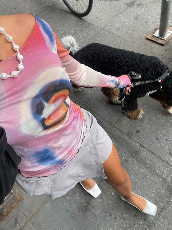 Long Sleeved Mesh Print Exposed Navel T-Shirt -- YKIIY CLOTHING