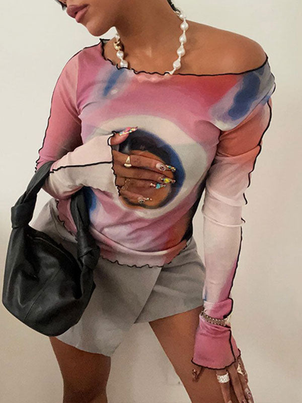Long Sleeved Mesh Print Exposed Navel T-Shirt -- YKIIY CLOTHING