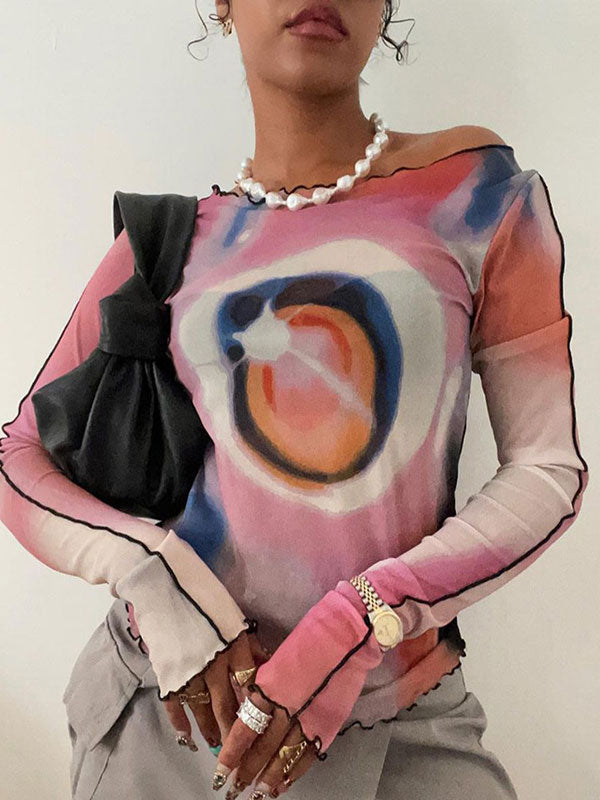 Long Sleeved Mesh Print Exposed Navel T-Shirt -- YKIIY CLOTHING