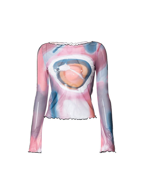 Long Sleeved Mesh Print Exposed Navel T-Shirt -- YKIIY CLOTHING