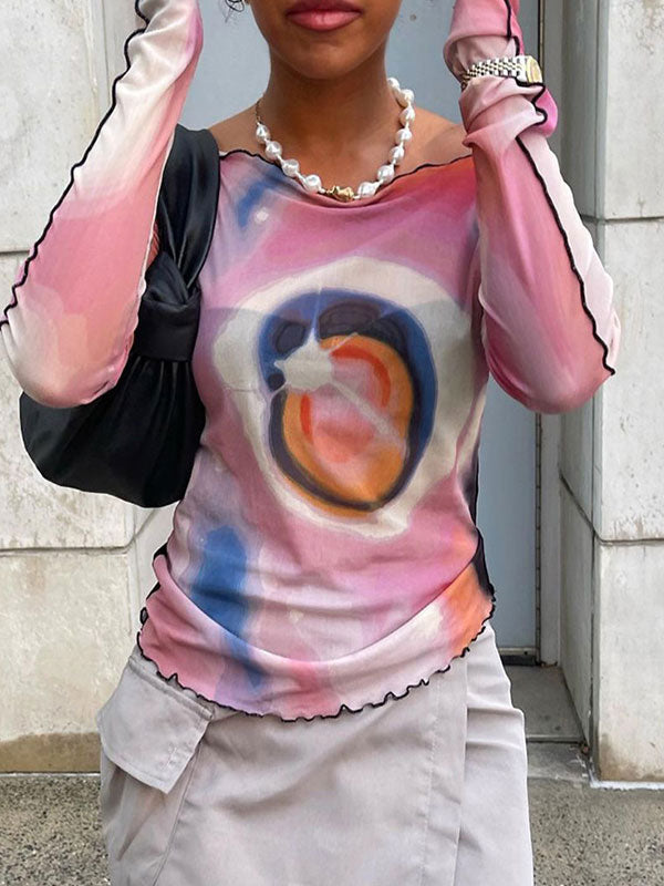 Long Sleeved Mesh Print Exposed Navel T-Shirt -- YKIIY CLOTHING