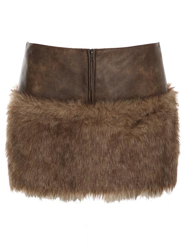 Low-rise Zippered Leather Paneled Fur Skirt -- YKIIY CLOTHING