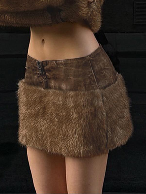 Low-rise Zippered Leather Paneled Fur Skirt -- YKIIY CLOTHING