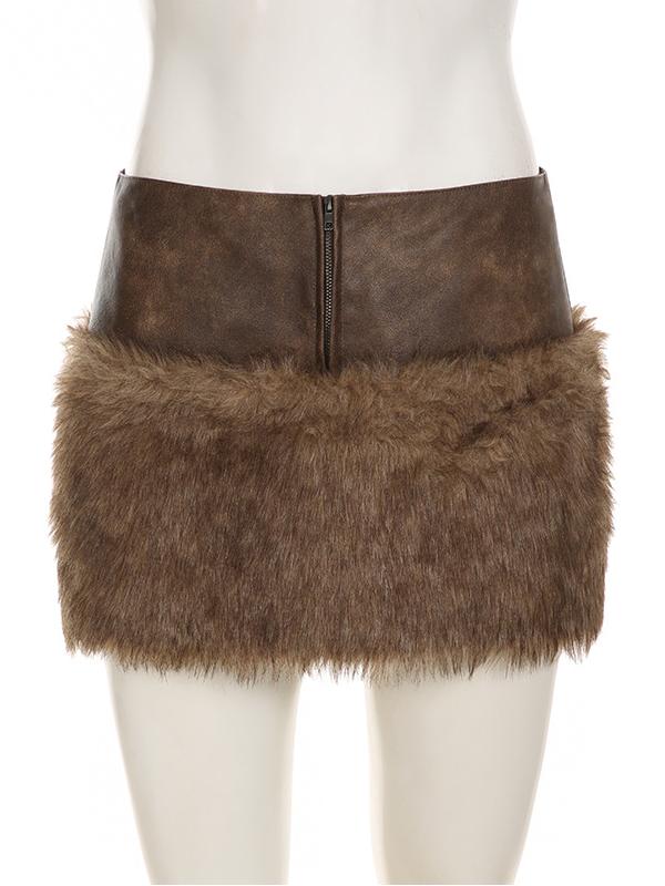 Low-rise Zippered Leather Paneled Fur Skirt -- YKIIY CLOTHING