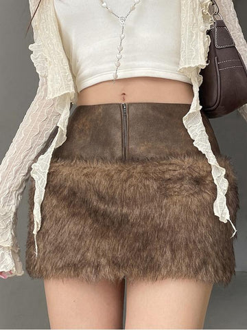 Low-rise Zippered Leather Paneled Fur Skirt -- YKIIY CLOTHING